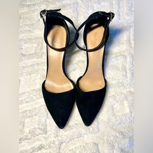 Maiden Lane Black Suede Ankle-Strap Pointed-Toe Pumps